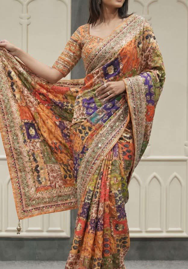 Crepe Silk Digital Print Mirror Work Saree